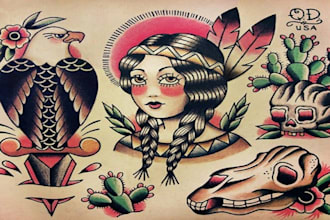 create custom tattoo logo, old school traditional tattoo design for you