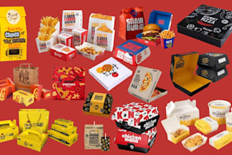 design pizza box, burger, label, and product package