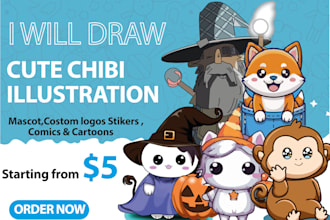 draw cute chibi, cartoon animal illustration art or stickers