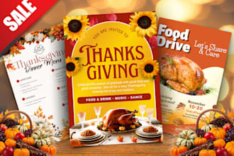 design thanksgiving day flyer, card, social post, banner, poster food drive menu