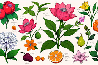 draw botanical illustrations of flowers, plants, fruits