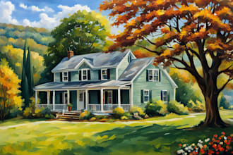digital oil painting art of a landscape, house painted