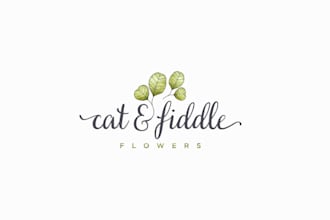 design vintage style cat fiddle flowers logo