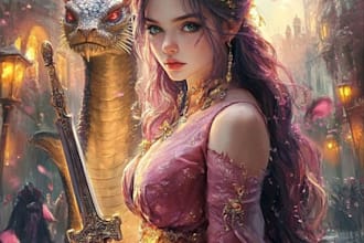 draw a realistic a fantasy character art with dinosaur