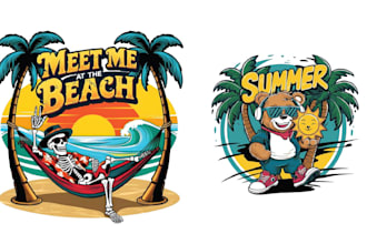 design custom summer skeleton surfing beach logo