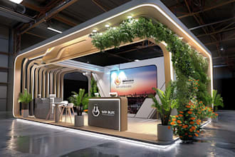 do 3d trade booth, exhibition stand, podium, kiosk design
