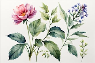 watercolor botanical illustrations of flowers and plants