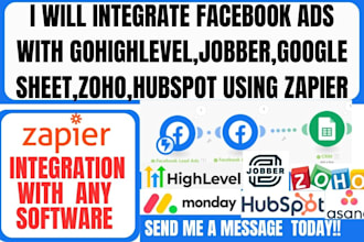 integrate facebook ads gohighlevel,jobber,notion,zapier,slack,zoho,monday make