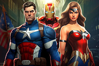 a comic book page, marvel dc superhero character design