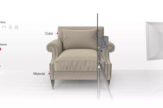 design realistic 3d model for sofa, table chair and 3d configuration on zakeke
