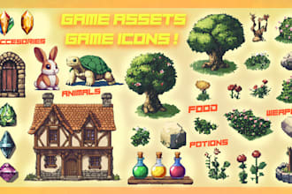 create pretty 2d game assets, icons, objects and UI