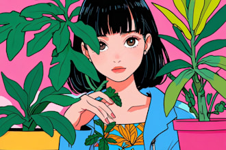 illustrate you and plants, colorful, flat art, pop art