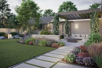 design your backyard house, front yard, garden, pool, patio and 3d rendering