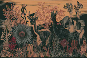 illustrate botanical and animal linocut illustration