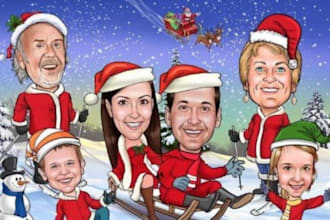 draw group christmas cartoon caricature and christmas card
