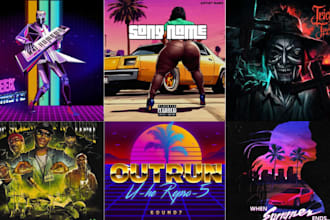 design 80s retro synthwave vaporwave album cover art or music artwork