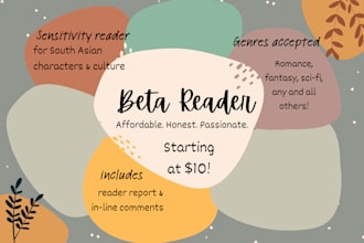beta read your fantasy, romance, sci fi, historical novel
