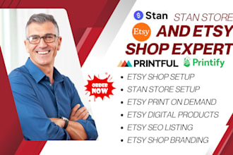 setup etsy shop, stan store, SEO for listing, print on demand, digital products