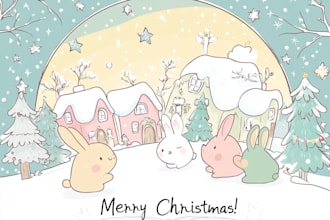 draw a cartoon caricature holiday, winter or christmas card