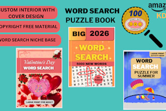 make niche based word search puzzle activity book, interior, and cover for KDP