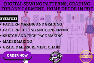 make digital sewing patterns, grading for any garment, home decor in PDF