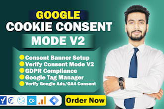 setup cookie consent banner to enable google consent mode v2, ccpa, gdpr via GTM