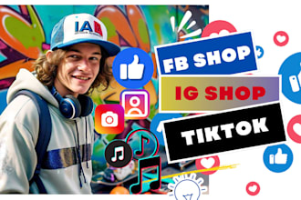 setup facebook shop, instagram shop, tiktok shop, and complete shopify marketing