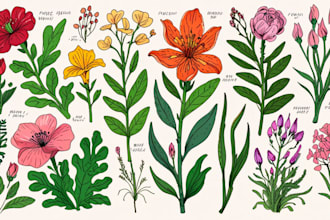 draw botanical illustrations of flowers, plants, fruits