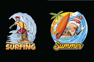 do hand drawn retro skull summer surfing logo