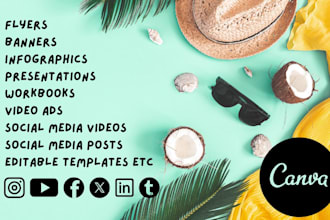 design pinterest pin, youtube banner, linkedin facebook post video ad with canva