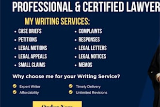 draft legal motions, lawsuits, complaints, petitions, legal appeal, case briefs