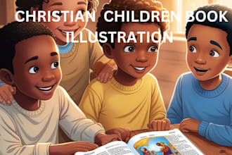illustrate christian children story book, bible theme, kid african american