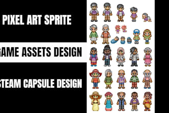 draw pixel art character sprite for game assets, props, items, steam capsule