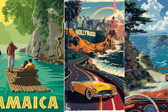 make retro vintage travel poster, minimalist, travel wall art, pop art, art deco