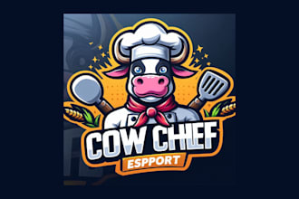 do modern cow chef esports mascot logo with any file