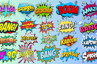 create pop art, funko, vintage, retro, 80s, 90s logo and words text comic style