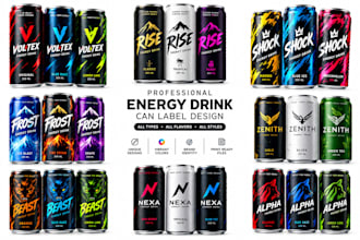 create energy drinks, can,bottle label design or 3d mockups