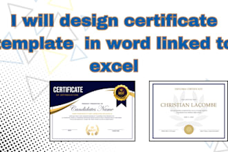 design certificate template  in word linked to excel