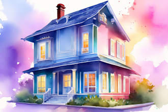 create digital watercolor house illustration