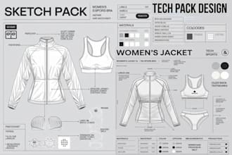 create production fashion tech pack and technical flats sketch design