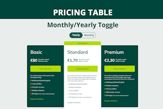 create a HTML pricing table with monthly yearly toggle