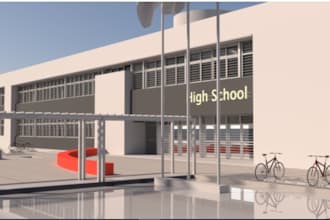 render 3d exterior school design, institution environment, 3d classroom, library