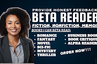 beta read and critique fiction, nonfiction, romance, thriller, fantasy, mystery