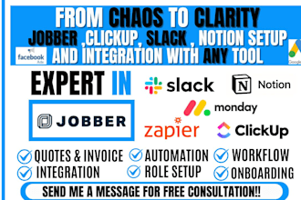 setup jobber, jobber integration slack monday airtable clickup basecamp notion