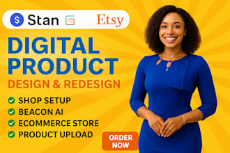 setup esty shop, gumroad, stanstore, digital product design