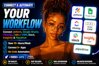 connect jotform, google sheets, clickup, zoho CRM, slack, insightly, pipedrive
