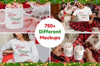 feature your design on christmas tshirt and mug mockups