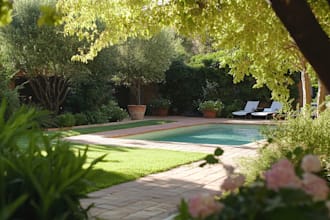 create garden landscape, swimming pool, outdoor living space