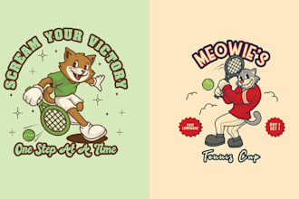 do retro sport cartoon tennis logo and t shirt design