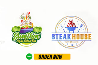 design restaurant logo, juice, sea food, healthy food, bbq, candy, chocolate